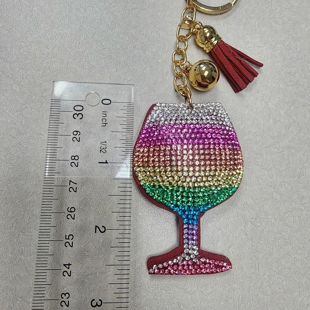 Mix Color Wine Glass Iconic Key Chain Rhinestones Tassle Clip & Key Ring 3D